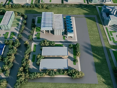 Industrial Plant Aerial View With Multiple Buildings Green Landscape And Surrounding Trees 3d model