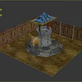 Outdoor Courtyard Scene With Stone Well Blue Roof Wooden Fence And Fire Pit