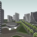 Modern Multiple High Rise Office Buildings With Green Belt And Road