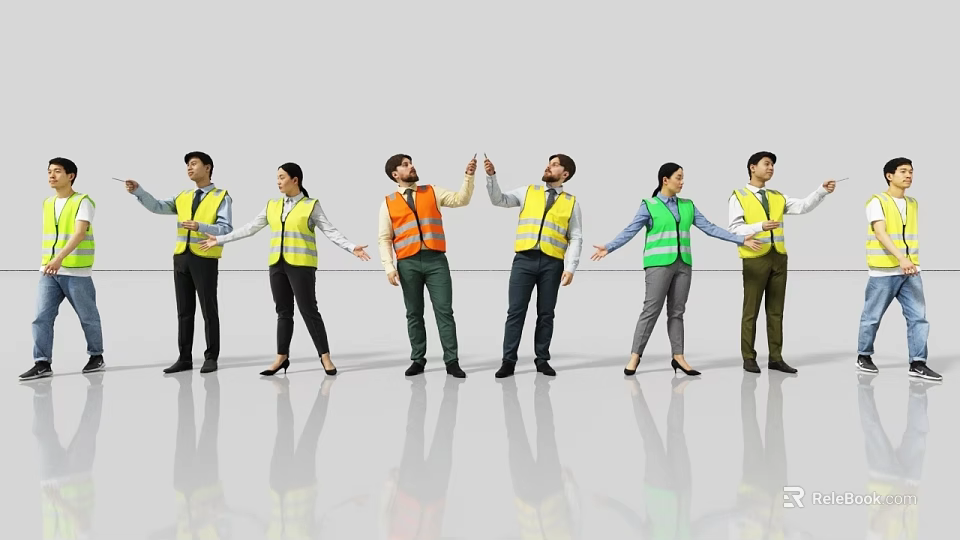 Two Workers In Different Colored Safety Vests Holding Hands Standing On Reflective Surface 3d model 