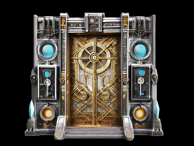 Ornate Metallic Door With Golden Intricate Patterns And Blue Orange Circular Accents 3d model