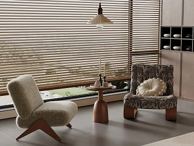 Accent Lounge Chairs Upholstered With Wooden Legs Near Window Blinds Side Table And Hanging Lamp 3d model