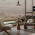 Accent Lounge Chairs Upholstered With Wooden Legs Near Window Blinds Side Table And Hanging Lamp