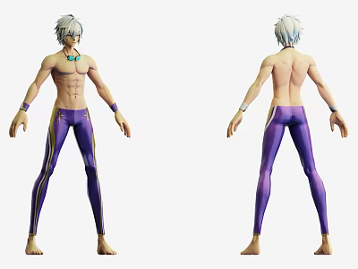 Shirtless Character With Silver White Hair Necklace Purple Leggings Gold Stripes Barefoot Front Back Views 3d model