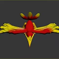 Cartoon Bird Character With Red and Yellow Feathers Spread Wings Green Eyes and Yellow Legs