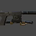 Black Tactical Pistol With Magazine And Bullets On Dark Background