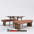 Simple Modern Wooden Dining Table Set With Upholstered Brown Benches 3d model