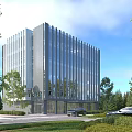 Modern Office Building Exterior With Glass Curtain Walls And Surrounding Trees