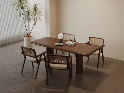Modern Dining Room With Wooden Table Four Chairs Table Lamp And Potted Plant 3d model