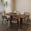 Modern Dining Room With Wooden Table Four Chairs Table Lamp And Potted Plant