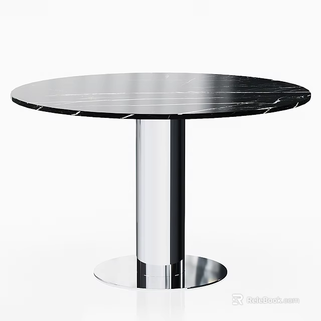 Modern Round Black Marble Dining Table With Silver Metal Pedestal Design 3d model