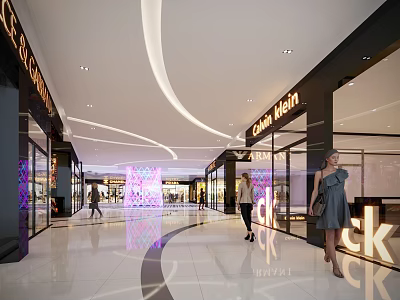 Modern Shopping Mall Retail Stores With Stylish Storefronts People Walking And Bright Lighting 3d model