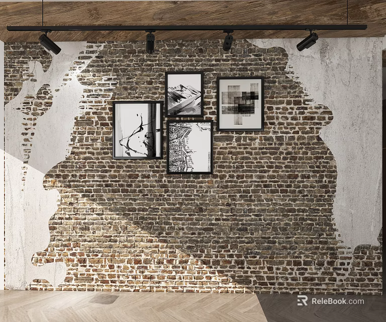 Rustic Brick Wall Interior With Hanging Framed Black And White 3d model 