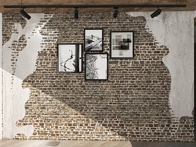 Rustic Brick Wall Interior With Hanging Framed Black And White 3d model