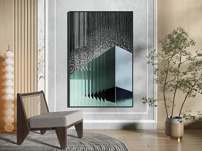 Modern Art Painting In Interior With Wooden Chair Green Plant And Decorative Ornament 3d model