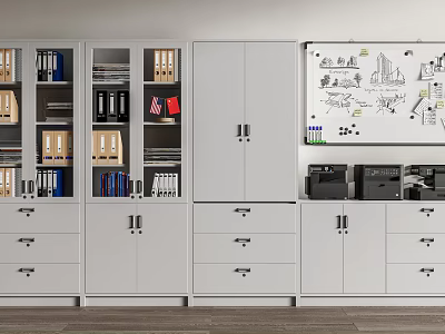 Organized White Office Bookcase With Storage Drawers Folders Books And Whiteboard 3d model
