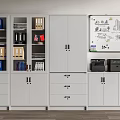 Organized White Office Bookcase With Storage Drawers Folders Books And Whiteboard