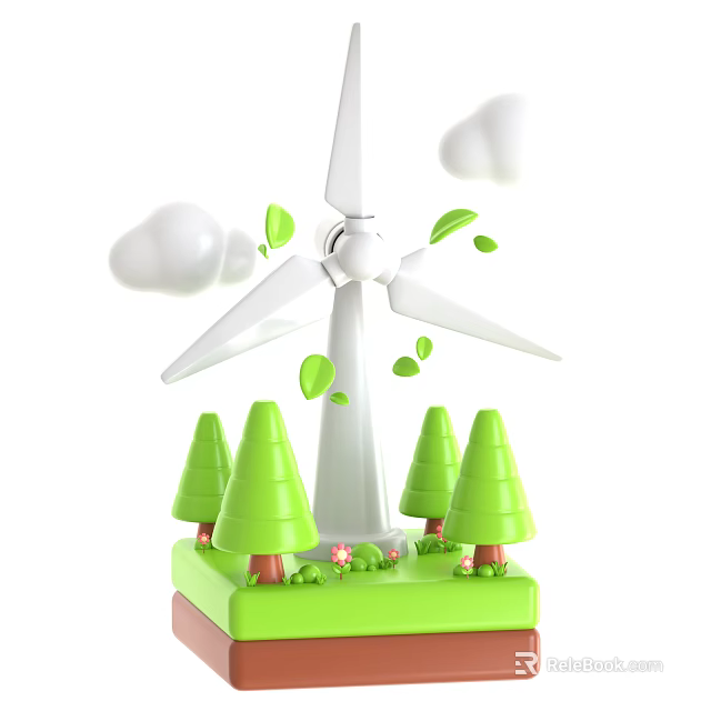 Ornamental Decoration Set with Wind Turbine Green Trees Small Flowers White Clouds and Green Leaves 3d model 