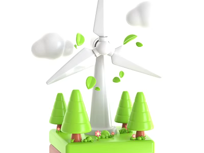 Ornamental Decoration Set with Wind Turbine Green Trees Small Flowers White Clouds and Green Leaves 3d model