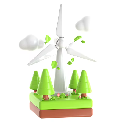 Ornamental Decoration Set with Wind Turbine Green Trees Small Flowers White Clouds and Green Leaves 3d model
