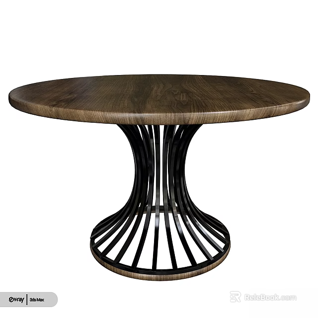 Round Dark Wooden Dining Table With Black Metal Curved Base Modern Design 3d model 