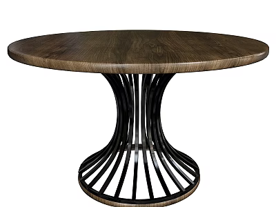Round Dark Wooden Dining Table With Black Metal Curved Base Modern Design 3d model