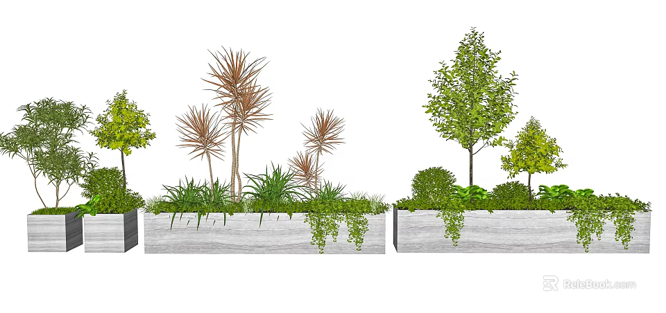 Flowers and Plants in Long Planters with Tall Palm like Plants Low Shrubs and Trailing Vines 3d model 