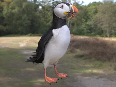 Black And White Puffin Standing In Grassland With Orange Beak And Woodland Background 3d model
