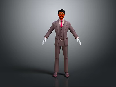 3D Character Model Wearing Gray Suit Red Tie And White Gloves 3d model