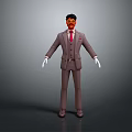 3D Character Model Wearing Gray Suit Red Tie And White Gloves