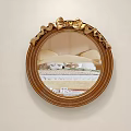 Ornate Round Wall Mirror With Golden Ornate Frame Reflects Bedroom