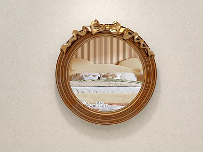 Ornate Round Wall Mirror With Golden Ornate Frame Reflects Bedroom 3d model