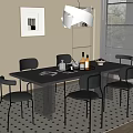 Dining Table Set with Six Black Chairs Checkered Rug Floor Lamp and Potted Plant