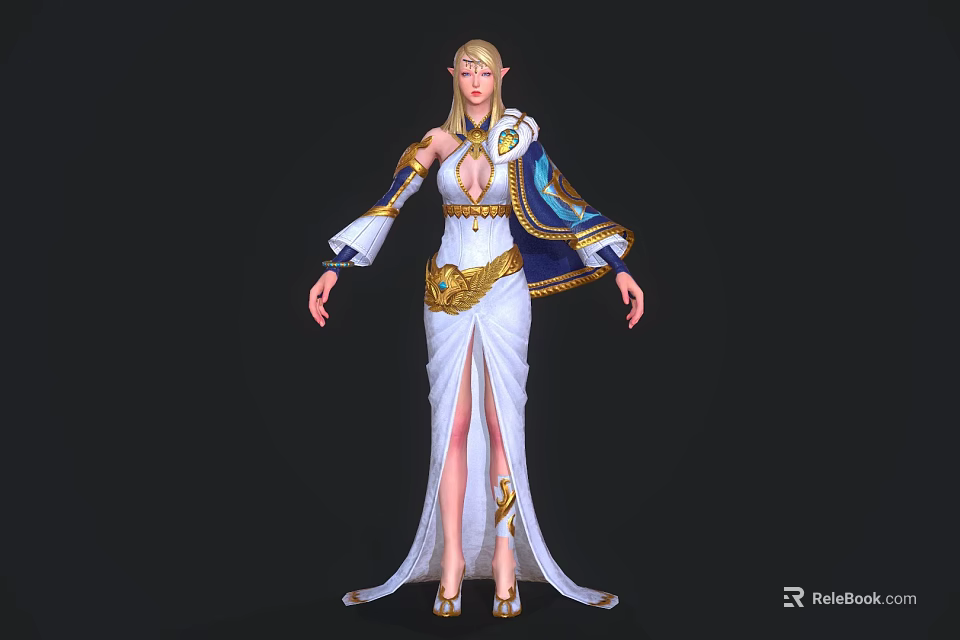 Elegant Woman In Long White Dress With Gold Decorations And Blue Cape 3d model 