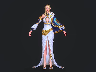 Elegant Woman In Long White Dress With Gold Decorations And Blue Cape 3d model