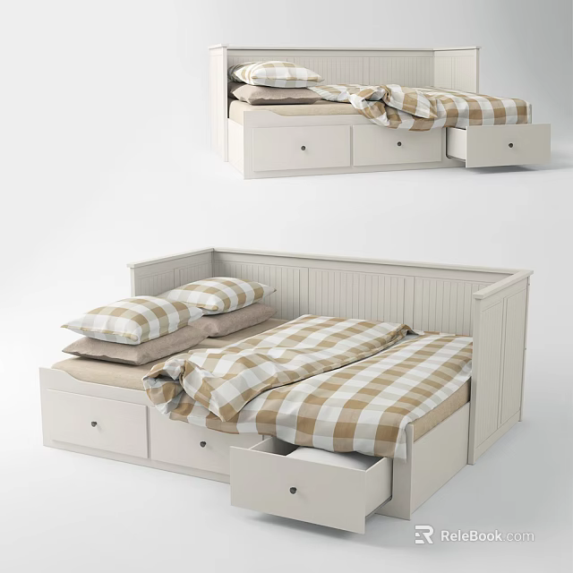 Double Bed With Plaid Bedding Pillows And Built In Storage Drawers 3d model