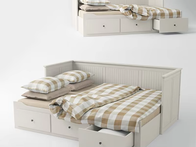 Double Bed With Plaid Bedding Pillows And Built In Storage Drawers 3d model