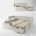 Double Bed With Plaid Bedding Pillows And Built In Storage Drawers 3d model