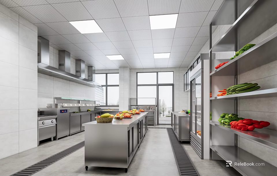 Commercial Kitchen Interior With Stainless Steel Worktables Ventilation Hoods Produce Shelves Bright Lighting And Windows 3d model 