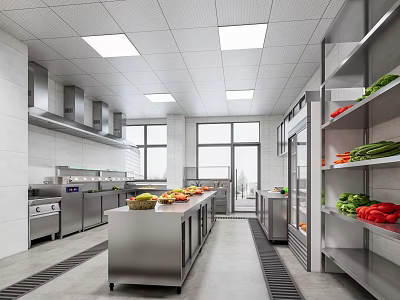 Commercial Kitchen Interior With Stainless Steel Worktables Ventilation Hoods Produce Shelves Bright Lighting And Windows 3d model