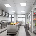 Commercial Kitchen Interior With Stainless Steel Worktables Ventilation Hoods Produce Shelves Bright Lighting And Windows