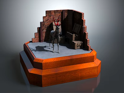 Miniature Scene With Brick Wall Deer Statue Wooden Base And Wooden Crate Model 3d model