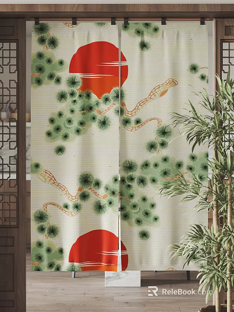 Striped Fabric Curtain With Green Pine Tree Pattern Red Circles And Bamboo Branches 3d model 