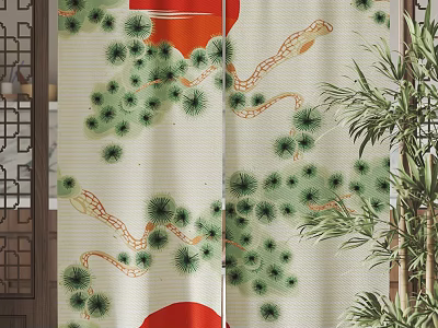 Striped Fabric Curtain With Green Pine Tree Pattern Red Circles And Bamboo Branches 3d model