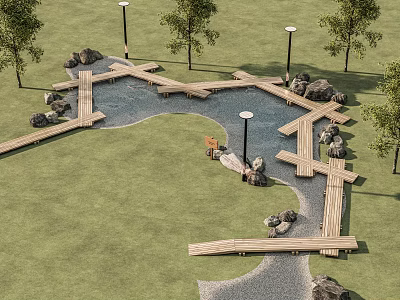Tranquil Waterside Landscape With Wooden Walkways Water Features Rocks And Trees 3d model