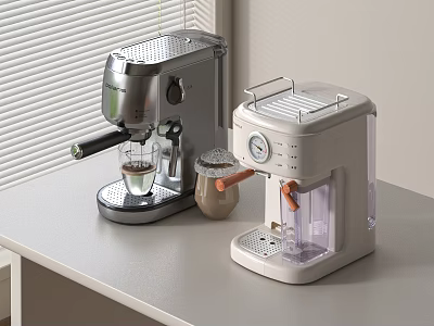 Silver And White Coffee Makers On Countertop With Window Blinds In Kitchen 3d model