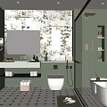 Modern Bathroom Interior With Floral Wallpaper Double Sink Vanity Bathtub And Black White Geometric Tiles