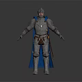 Game and Movie Character Warrior in Silver Armor with Blue Cape Standing Pose