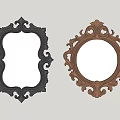 Two Decorative Mirrors With Black And Gold Ornate Frames Hanging On Wall Reflecting Artwork