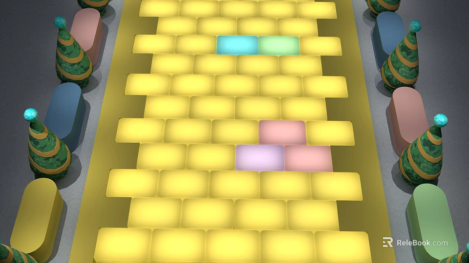 Vibrant Yellow Brick Pathway With Colorful Blocks And Decorative Pillars 3d model 